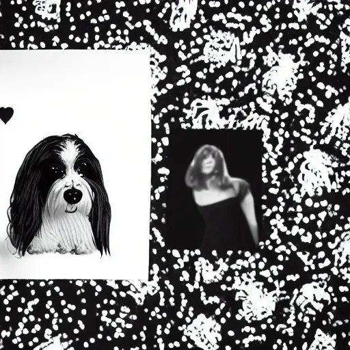 Prompt: a cream - colored havanese dog in a black and white sequined dress posing for a picture, a poster by david lachapelle, instagram contest winner, private press, tarot card, blueprint, black background