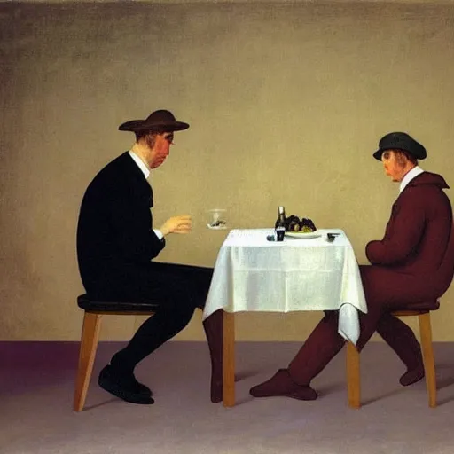 Prompt: a boring man and his dog sharing a meal by Raphael, Hopper, and Rene Magritte. detailed, romantic, enchanting, trending on artstation.