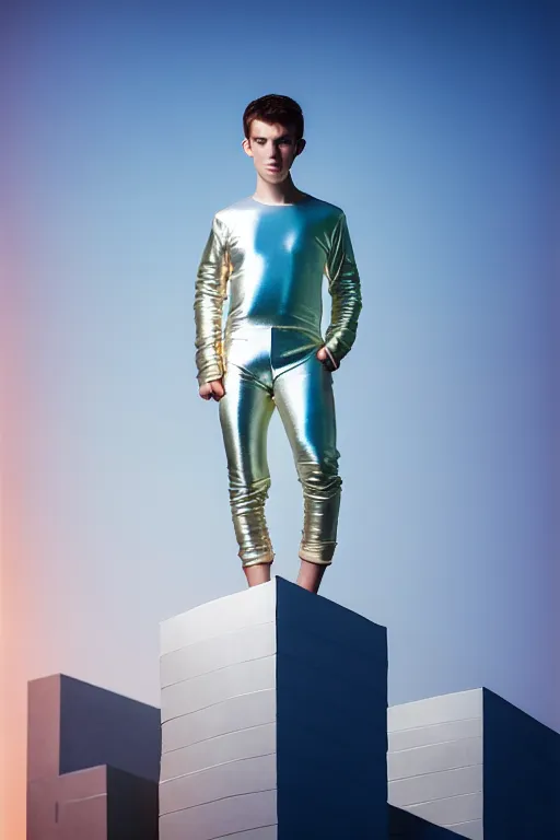 Image similar to un ultra high definition studio quality photographic art portrait of a young man standing on the rooftop of a british apartment building wearing soft baggy inflatable padded silver iridescent pearlescent clothing. three point light. extremely detailed. golden ratio, ray tracing, volumetric light, shallow depth of field. set dressed.