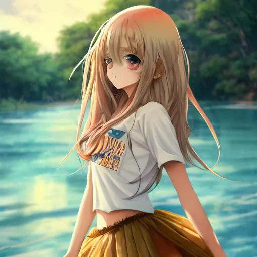 Prompt: a very beautiful anime girl, full body, long golden hair, sky blue eyes, full round face,cute face, short smile, mini jeans skirt, cute top, summer lake setting, cinematic lighting, medium shot, mid-shot, highly detailed, trending on Artstation, Unreal Engine 4k, cinematic wallpaper by Stanley Artgerm Lau, WLOP, Rossdraws, James Jean, Andrei Riabovitchev, Marc Simonetti, and Sakimichan