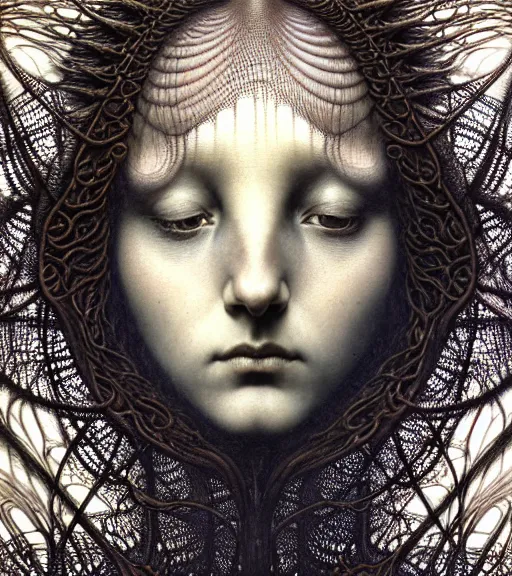 Prompt: detailed realistic beautiful dark goddess face portrait by jean delville, gustave dore, iris van herpen and marco mazzoni, art forms of nature by ernst haeckel, art nouveau, symbolist, visionary, gothic, neo - gothic, pre - raphaelite, fractal lace, intricate alien botanicals, ai biodiversity, surreality, hyperdetailed ultrasharp octane render