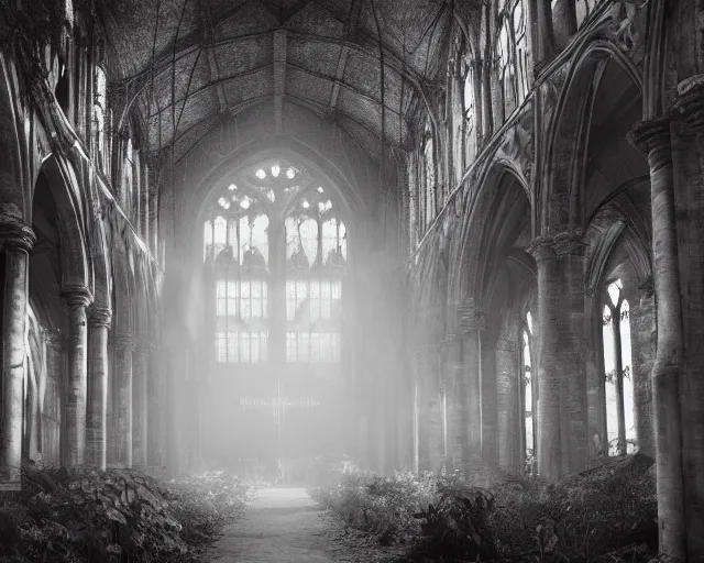 Image similar to Overgrown cathedral interior, broken windows, mild god rays, epic scale, cinematic lighting, dense vines hanging down from the high ceiling, digital art, trending on Artstation and Behance