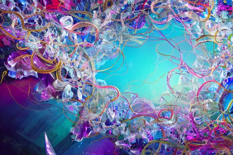 Prompt: simplicity, a flock of ornate twisting translucent puffy filigreed clouds tangled into large whirling ultra detailed clumps of crystal specimens, abstract environment, playful, award winning art, epic dreamlike fantasy landscape, ultra realistic,