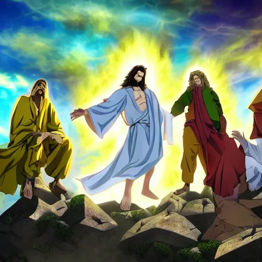 Prompt: the transfiguration of jesus christ in the style of jojo's bizarre adventure. this 4k image is trending on artstation.