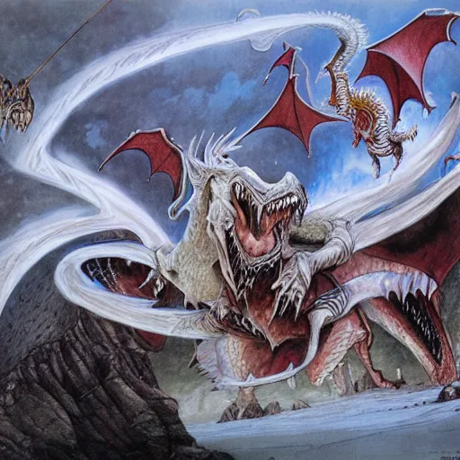 Image similar to a white dragon attacking a group of 5 adventures, dungeons and dragons, digital art, by John Howe and Alan Lee and Larry Elmore