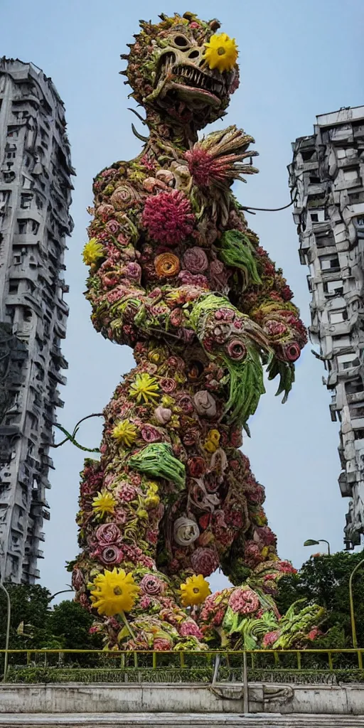 Image similar to colossal grotesque prehistoric alien predator flower made from best unfulfilled mankind projects in the middle of abandoned post soviet constructivist cityscape, Stalinist architecture, ultradetailed, Intricate by Hayao Miyazaki and Josan Gonzalez and Makoto Shinkai and Giuseppe Arcimboldo and Wes Anderson