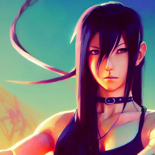 Image similar to super epically depicted color pencil portrait art of tifa from final fantasy 7, by stephen bliss, greg rutkowski, loish, rhads, makoto shinkai and lois van baarle, ilya kuvshinov, rossdraws.