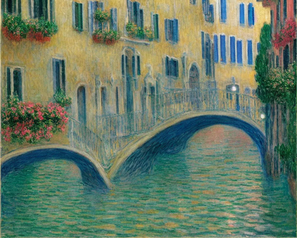 Prompt: a quaint, romantic venice canal with glowing street lamps and hanging flower baskets at night by hopper and monet. enchanting, golden ratio.