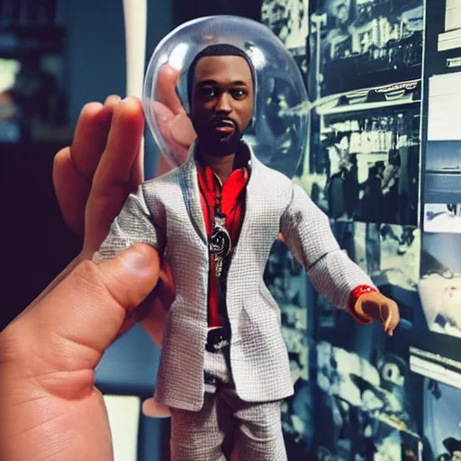 Prompt: “an award winning fisheye photograph of a plastic action figure doll of Kendrick Lamar the rapper hip hop artist dressed as a scientist, studying a life sized strand of DNA”