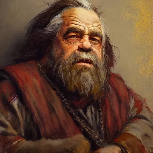 Image similar to Solomon Joseph Solomon and Richard Schmid and Jeremy Lipking victorian genre painting portrait painting of a old rugged actor dwarf warrior from the hobbit , red background