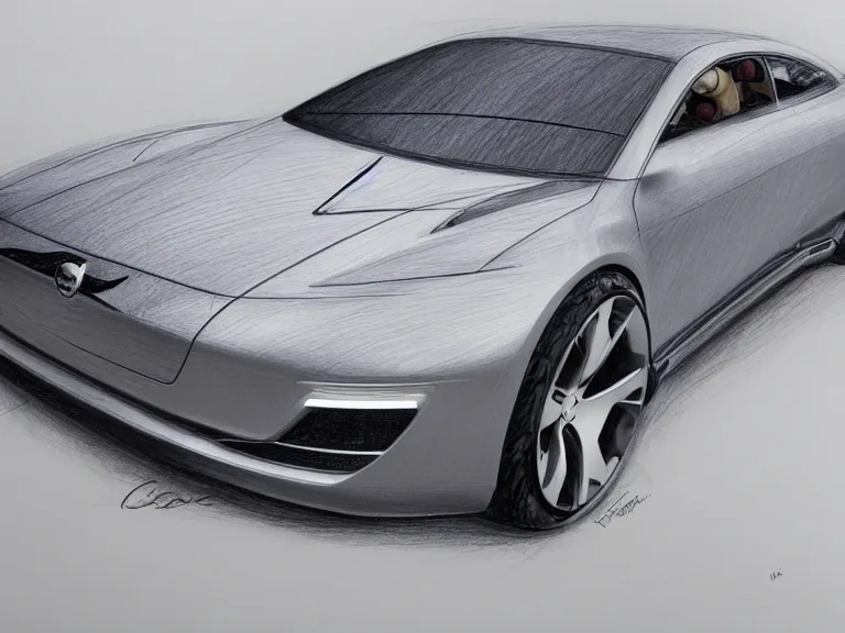 Prompt: angled complete view of a 3 d drawing of a volvo sedan resembling a porsche, concept analytic drawing, color pencil, by greg rutkowski!