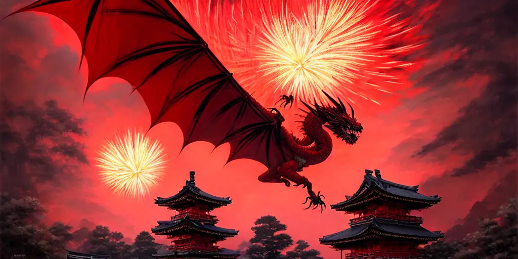 Image similar to Stunning Portrait scene of A Red dragon flying above a Feudal Japan temple during a fireworks festival at night by Kim Jung Gi. Blizzard Concept Art Studio Ghibli. oil paint. 4k. by brom, Intense fireworks by Ross Tran, Greg Rutkowski, Mark Arian, soft render, octane, highly detailed painting, artstation