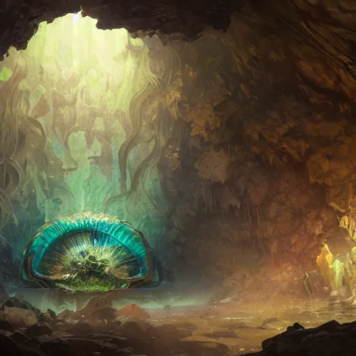 Prompt: A large acid dragon egg inside a tropical cave, fantasy art by greg rutkowski and alphonse mucha, highly detailed, digital painting, matte painting, concept art, illustration, oppressive lighting, trending on artstation, very detailed