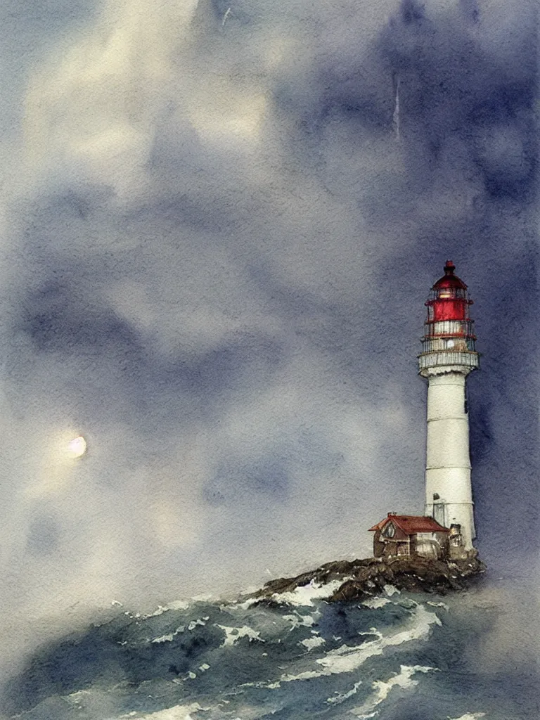 Prompt: “An watercolour illustration of a lighthouse battered by a storm at sea by Alan Lee”