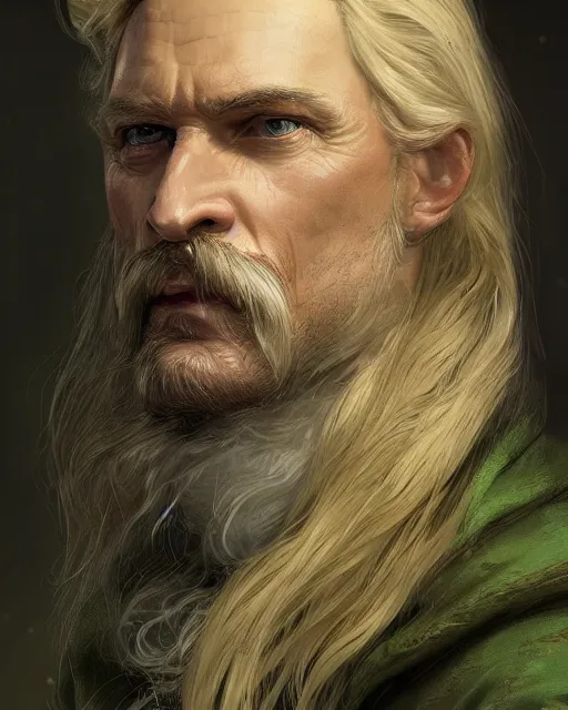 Prompt: half - length portrait of a 6 0 - year - old human male noble with long blonde hair and green eyes, mustache, no beard, medieval setting, detailed face, highly detailed, artstation, concept art, sharp focus, by greg rutkowski, craig mullins, artgerm