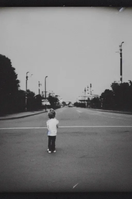 Image similar to photo polaroid of sad and lonely child in the middle of the street, looks towards a funfair, loneliness, black and white ,photorealistic, 35mm film,high detailed