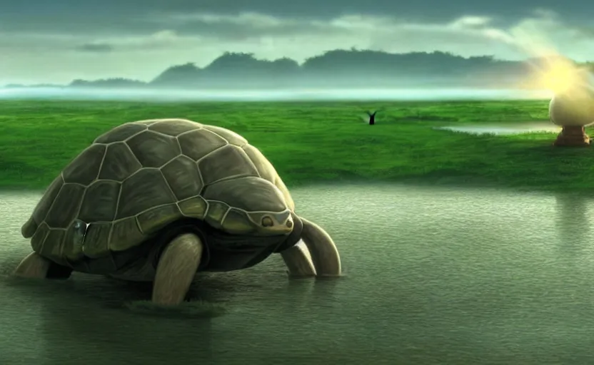 Image similar to a hyperrealist cell - shaded cartoon movie still from howl's moving castle ( 2 0 0 4 ) of a giant mechanized tortoise in a flooded stonehenge. a rainforest is in the background with shafts of sunlight from above. very dull muted colors, hd, 4 k, hq