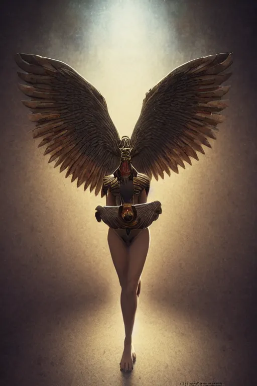 Image similar to rendering by octane, unreal engine, aesthetic, full body skin Egyptian god with an eagle head, animalistic Face like a eagle, realistic feathers, realistic eagle beak , microdetail, in the style of Charlie Bowater and Waterhouse, symmetrical, cinematic lighting, elegant, oil painting, cinematic, portrait, Raphaelite, magical background, magical realism, body shot