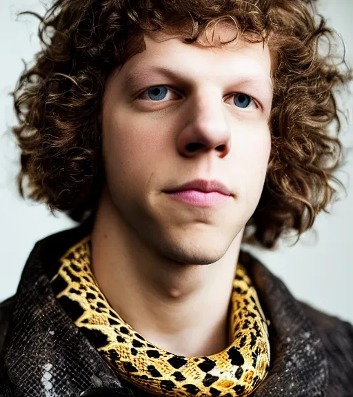 Prompt: detailed attractive characther portrait of jesse eisenberg wearing oversized snake skin jacket and golden chain, realistic, wide angle, dramatic light 8 k