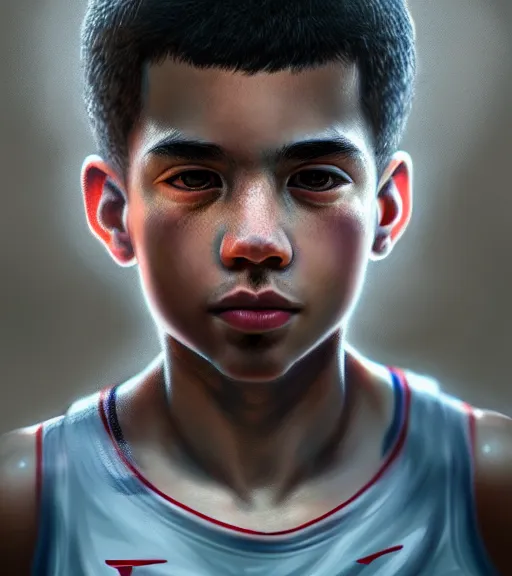 Image similar to portrait of a boy playing basketball in a basketball court, intense emotion, intricate, elegant, highly detailed, centered, digital painting, artstation, concept art, smooth, sharp focus, illustration, WLOP