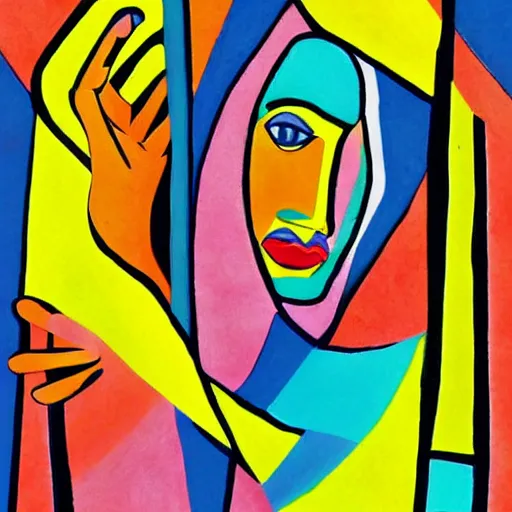 Prompt: colorful woman inside her fingerprint , surrealistic abstract art in the style of cubism