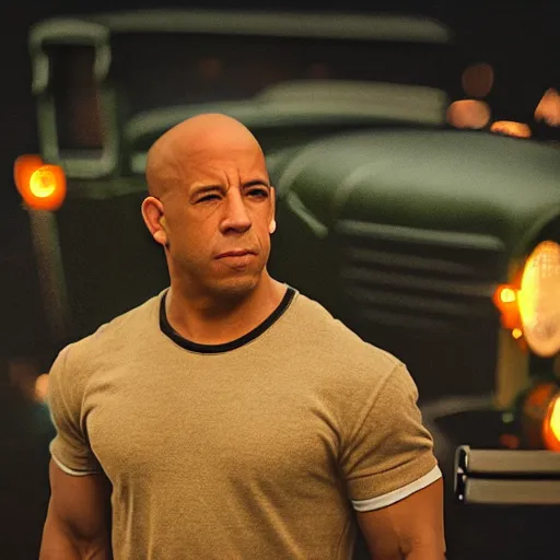 Image similar to very closeup photo of vin diesel as tommy angelo standing near ford model t, chicago 1 9 3 0, night, volumetric lighting, ultra realistic, highly detailed, cinematic, art by jan urschel and neil blevins