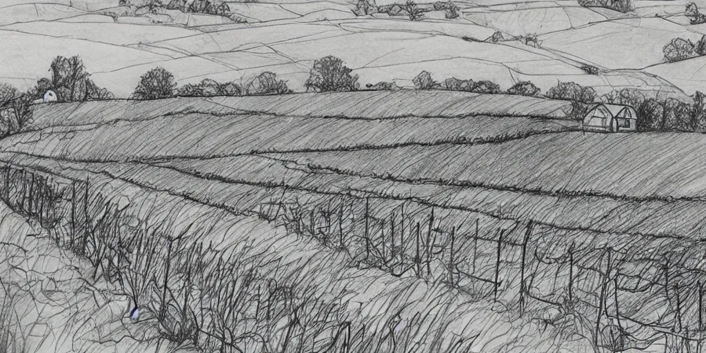 Image similar to stunning drawing of a farm landscape by brian k. vaughan