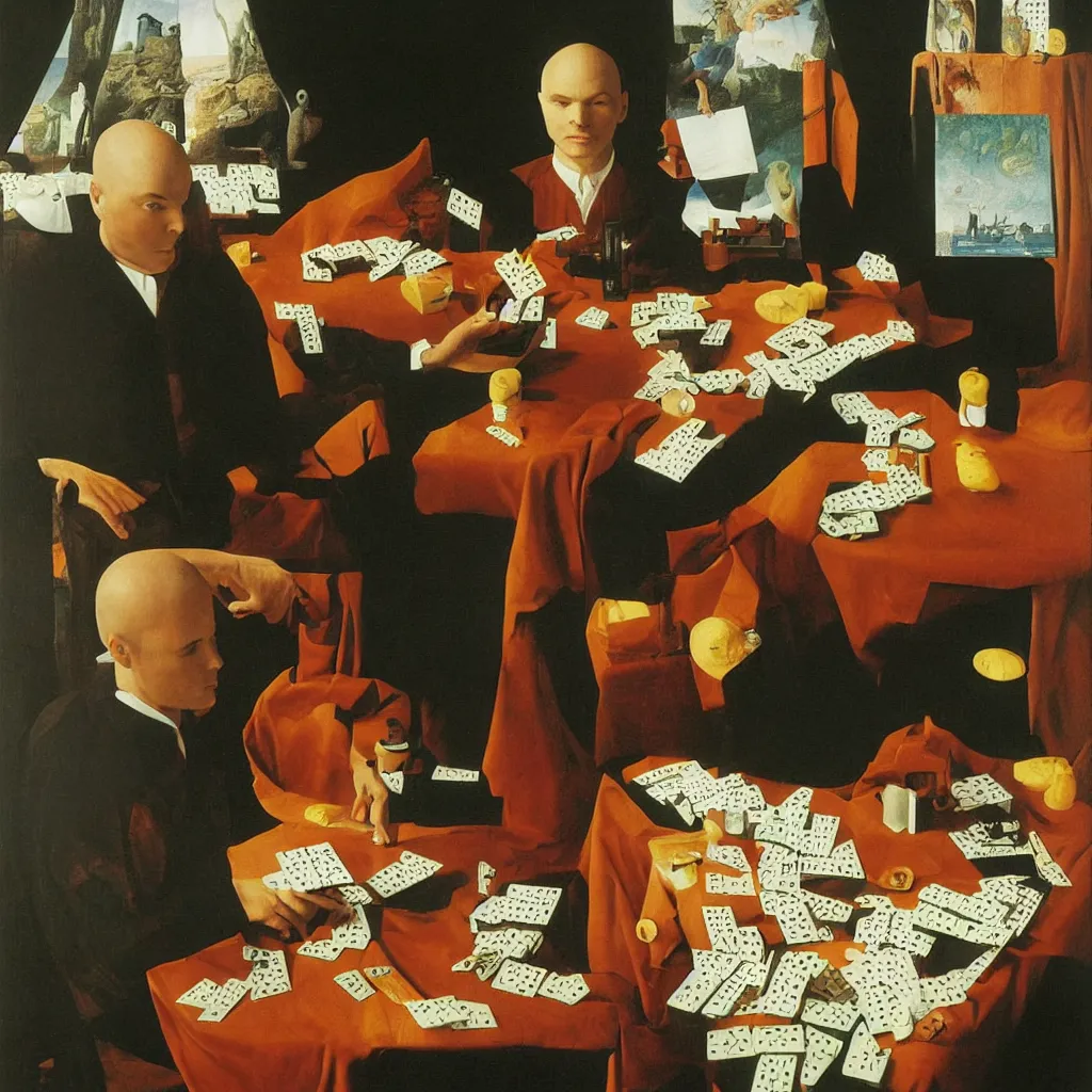 Prompt: Portrait of BILLY CORGAN PLAying DOMINOES. Painting by Jan van Eyck, Audubon, Rene Magritte, Agnes Pelton, Max Ernst, Walton Ford