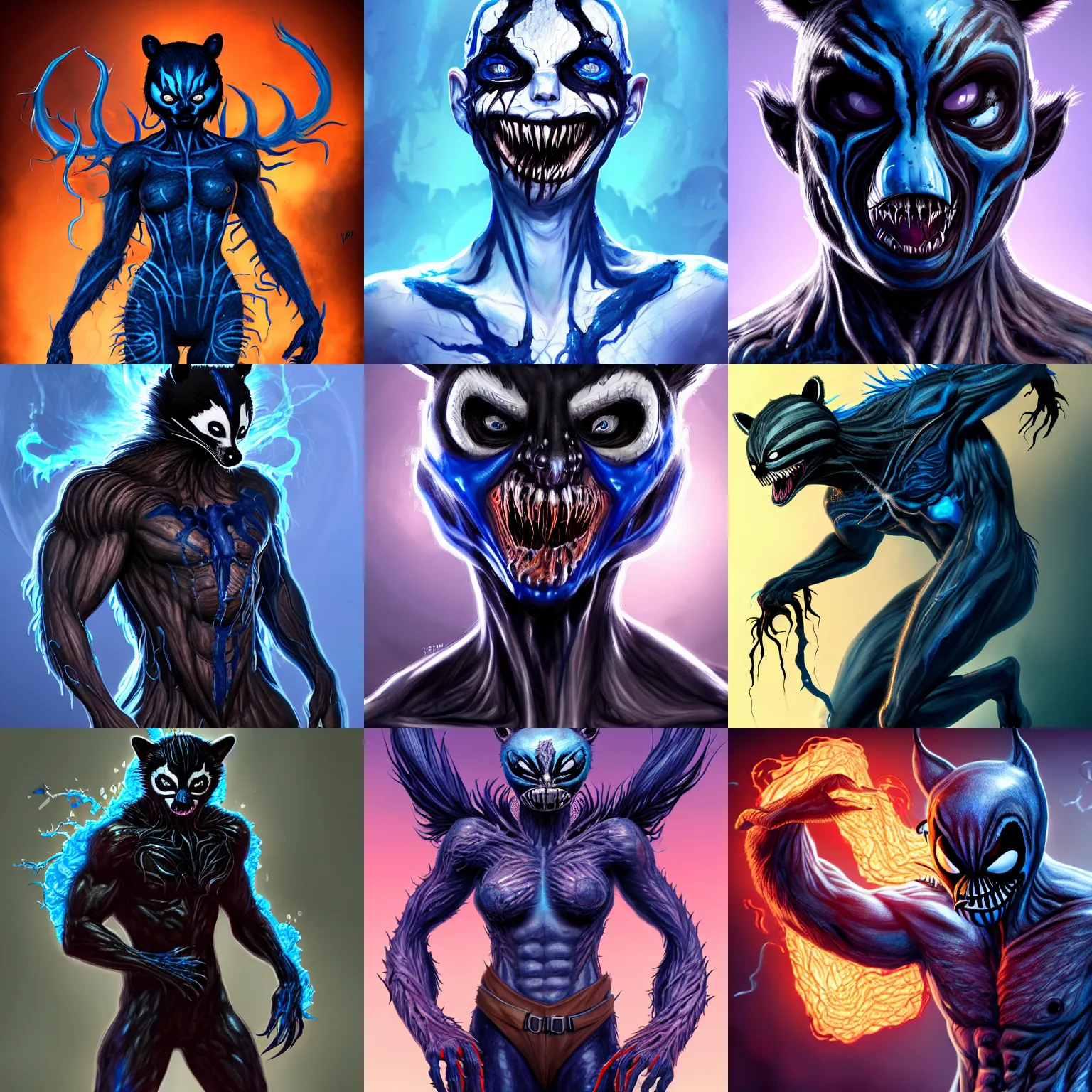 Prompt: human - raccoon - hybrid, infected by the venom - symbiote, breathing blue fire, gooey, marvel, digital art, concept art, highly detailed, 8 k hd, d & d, trending on artstation