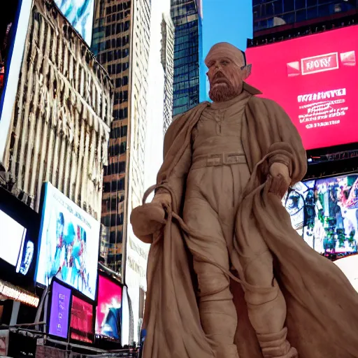 Image similar to extreme long - shot photograph of a renaissance clay sculpture of walter white wearing a phrygian cap in times square, made by michelangelo, hyper detailed, sharp focus, 8 k resolution, ray tracing