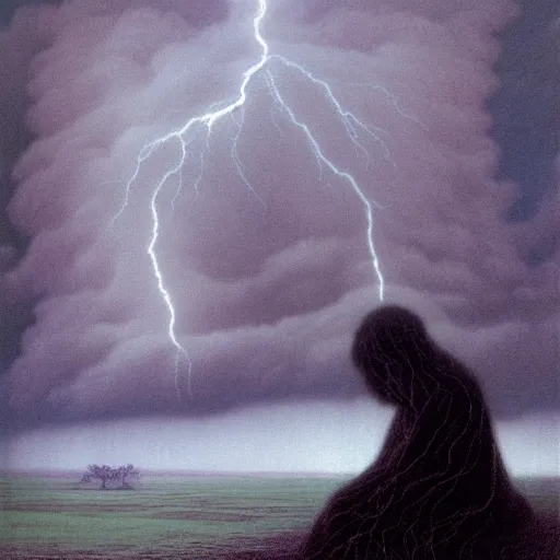 Image similar to killua zoldyck made by zdzisław beksinski, thunderstorm, 8 k, detailed, cinematic, rain, crying, black