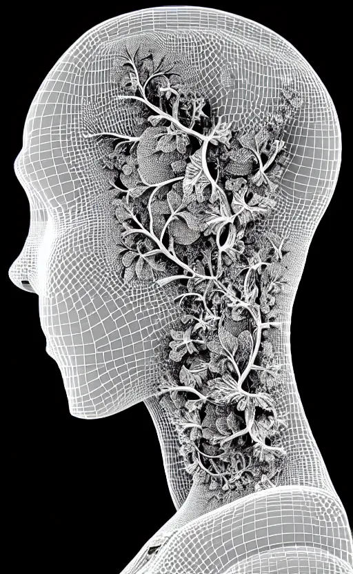 Image similar to a black and white 3D render of a beautiful profile face portrait of a female vegetal-dragon-cyborg, 150 mm, orchid stems, ivy, fine vegetal lace, Mandelbrot fractal, anatomical, flesh, facial muscles, microchip, veins, arteries, full frame, microscopic, elegant, highly detailed, flesh ornate, elegant, high fashion, rim light, octane render in the style of H.R. Giger