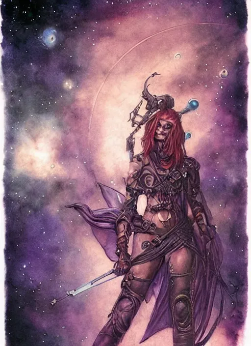 Image similar to portrait of female space pirate, night sky background, beautiful! coherent! by brom, by brian froud, deep color, strong line, high contrast