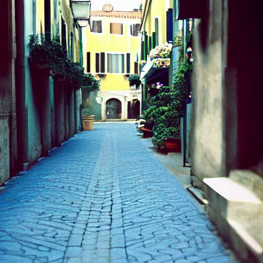 Image similar to kodak portra 8 0 0, flickr photograph view of a calm hallway street street with blue roses!! blue flowers! in downtown neo - venezia in a dreamy afternoon, a corner shop can be seen selling flowers! flower shop!!!