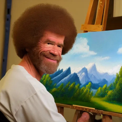 Prompt: a closeup photorealistic photograph of bob ross working on a canvas painting of bart simpson. film still. brightly lit scene. mountains and trees. this 4 k hd image is trending on artstation, featured on behance, well - rendered, extra crisp, features intricate detail, epic composition and the style of unreal engine.