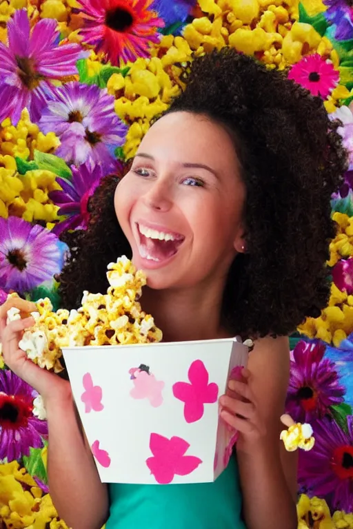 Image similar to portrait of a happy girl, lots of flowers and popcorn around, hyperrealistic, hightech