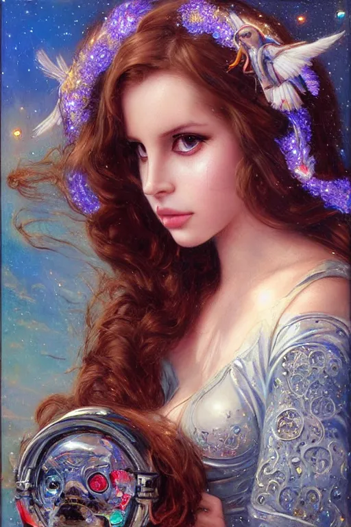 Image similar to cute shiny robot Lana Del Rey look-alike, Lilia Alvarado, Sophie Anderson, Mark Arian, Bob Byerley, Charlie Bowater, Mark Brooks, Steve Henderson, Justin Gerard, Arthur Hughes, Edward Robert Hughes, Mark Keathley, Victor Nizovtsev, Carlos Shwabe, Ross Tran, WLOP