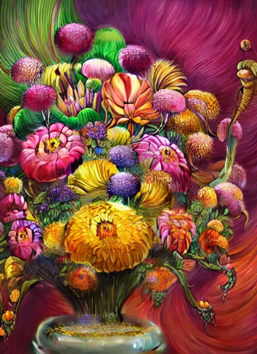 Prompt: hyper detailed 3d octane render illustration like a Oil painting - a vivid exotic flower bouquet, long petals, huge blossoms, by Jacek Yerka, Mariusz Lewandowski, Laszlo generative render, long brush strokes, Masterpiece, Edward Hopper and James Gilleard, Zdzislaw Beksinski, Mark Ryden, Wolfgang Lettl, hints of Yayoi Kasuma, octane render, 8k