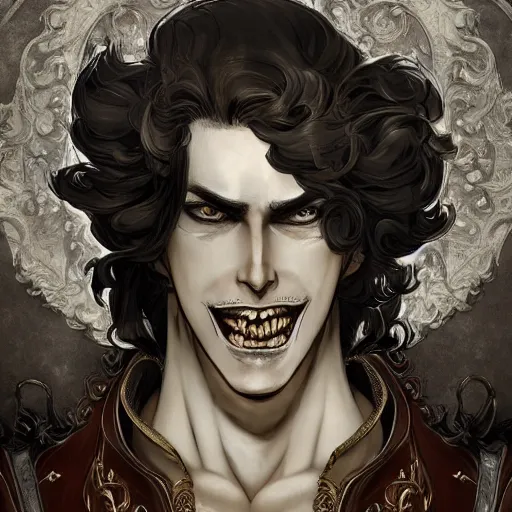 Image similar to a man grinning, baroque style, elegant, beautiful, mesmerizing, concept art, fancy clothing, highly detailed, artstation, behance, deviantart, inspired by innocent manga, inspired by castlevania concept art, trending, ayami kojima, shinichi sakamoto