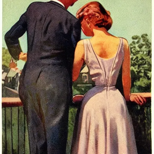 Image similar to “stunning, highly detailed portrait, very detailed, couple, from behind, from side, holding tin can, color vintage magazine illustration 1950”