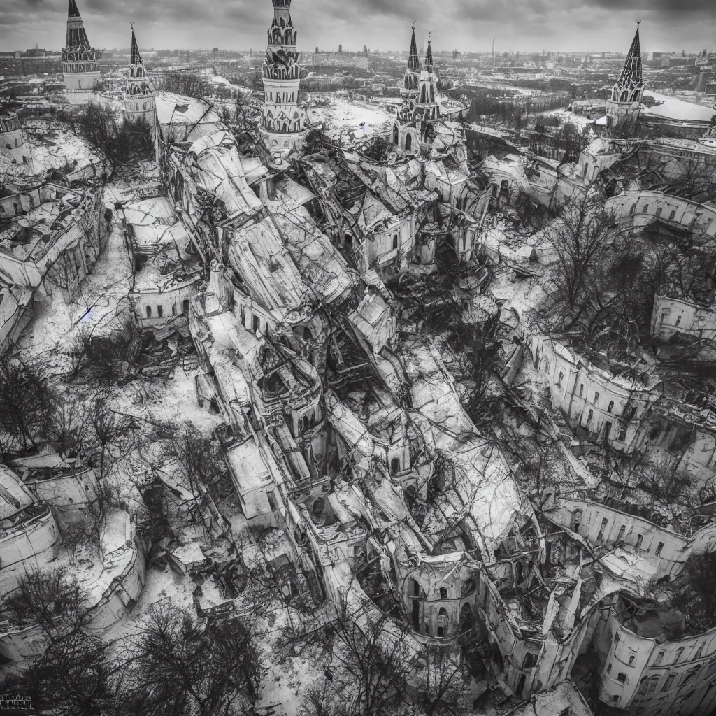 Image similar to collapse of kremlin moscow, destruction, chaos, 4 k, realistic, professional photography