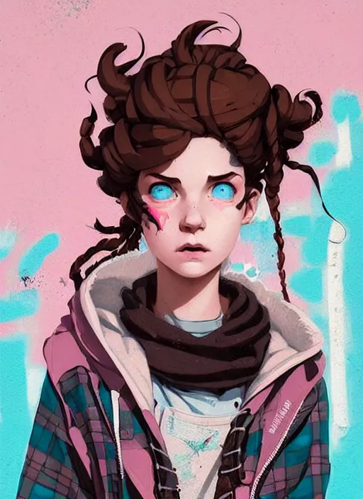 Prompt: highly detailed portrait of a sewer punk young woman, blue eyes, tartan hoody, ringlet hair by atey ghailan, by greg rutkowski, by greg tocchini, by james gilleard, by joe fenton, by kaethe butcher, gradient pink, brown, light blue and white color scheme, grunge aesthetic!!! ( ( graffiti tag wall background ) )