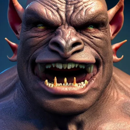 Image similar to An orc smiling into the camera, portrait, artstation, realistic, highly detailed, bokeh