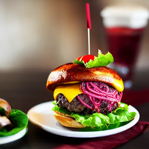 Image similar to Fast Food commercial photograph of a Sweat potato burger with a sweet cinnamon bun and velvet sauce, topped with hibiscus flower