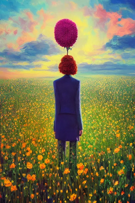 Image similar to closeup, giant flower head, girl in suit standing in a field of flowers, surreal photography, sunrise, blue sky, dramatic light, impressionist painting, digital painting, artstation, simon stalenhag