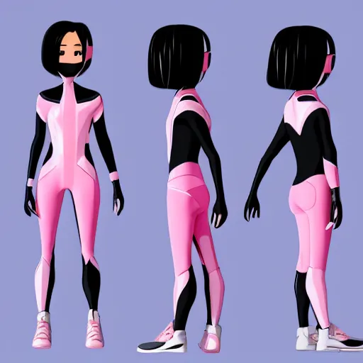 Prompt: y2k character model sheet for a short Japanese girl in a pink and white futuristic sleek motorcycle suit. into the spider-verse animated style