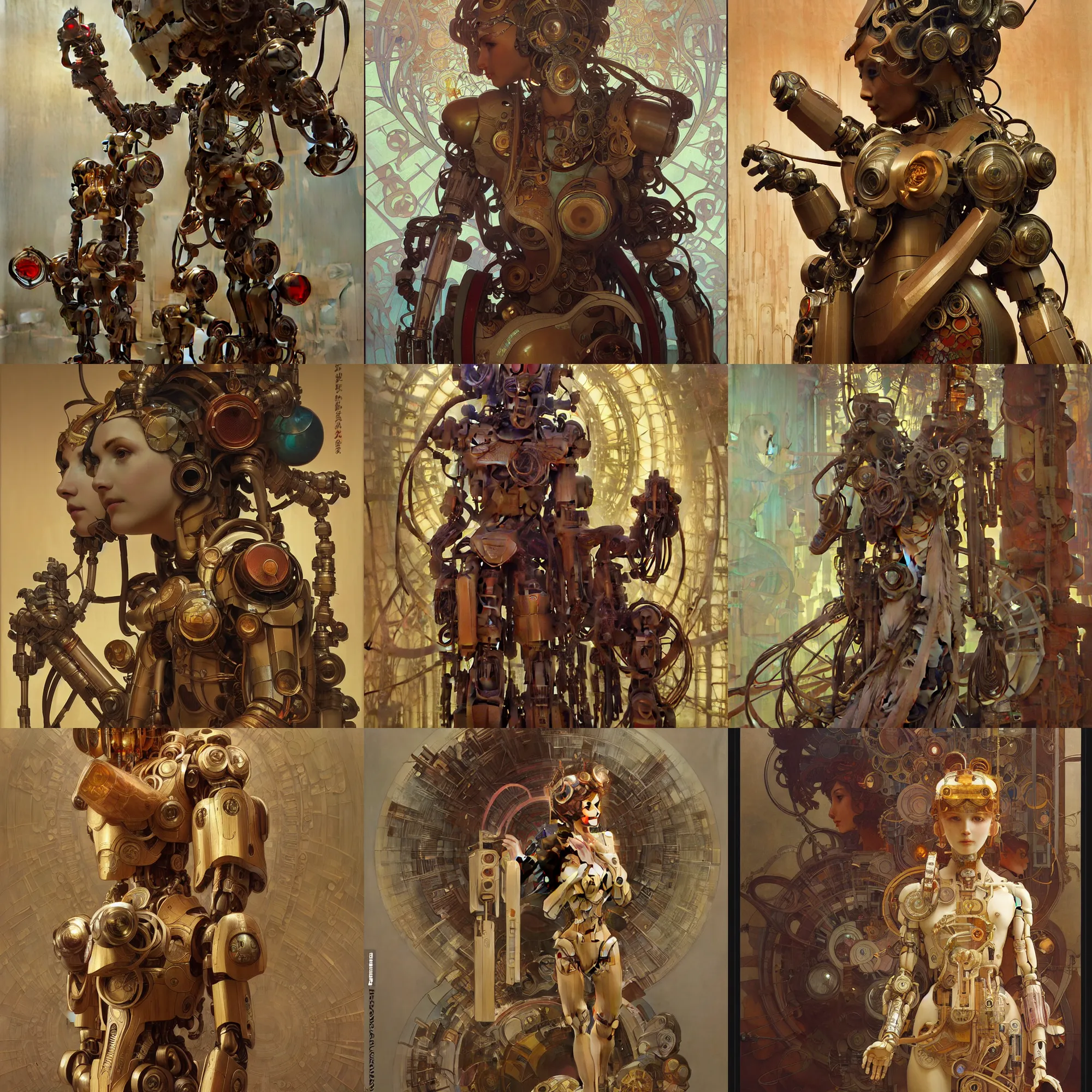 Image similar to octane render, ultra photorealistic, hyper detailed, unreal engine, a very very cute wooden mystical statue robot of the roman natural cyberpunk in a contemporary art gallery in neo tokyo artwork by alphonse mucha greg rutkowski