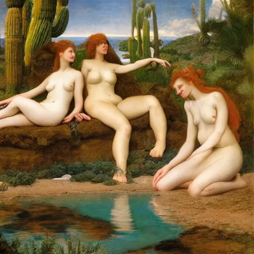 Image similar to a group of mermaids lounging in a desert oasis, by edward poynter and wlop