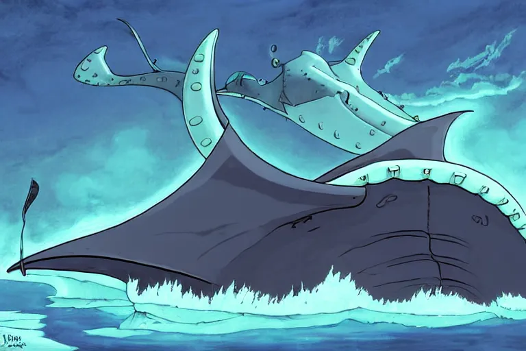 Prompt: cell shaded cartoon of a giant lovecraftian mechanized grey manta ray from howl's moving castle ( 2 0 0 4 ), in an icy river, full body, wide shot, very muted colors, post grunge, studio ghibli, highly detailed, deviantart, art by artgem