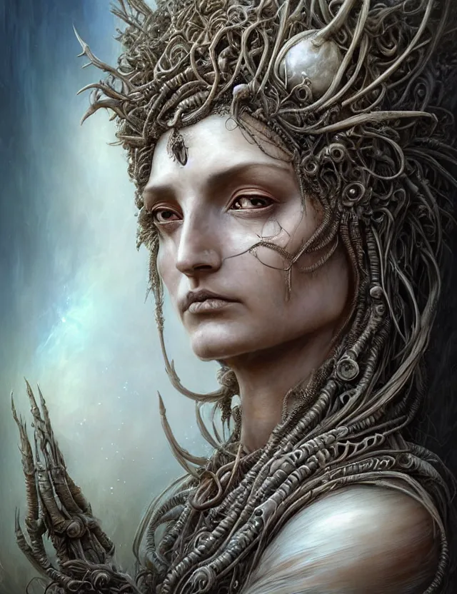 Image similar to a beautiful detailed 3d matte painting of face portrait of female Sumarian Deat Goddess, by ellen jewett, tomasz alen kopera and Justin Gerard, symmetrical features, ominous, magical realism, texture, intricate, ornate, royally decorated, skull, skeleton, whirling smoke, embers, white adornements, white torn skulls, radiant colors, fantasy, trending on artstation, volumetric lighting, micro details, 3d sculpture, ray tracing, 8k